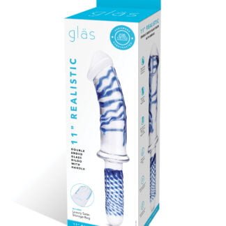 Glas 11" Realistic Double Ended Glass Dildo w/Handle - Blue