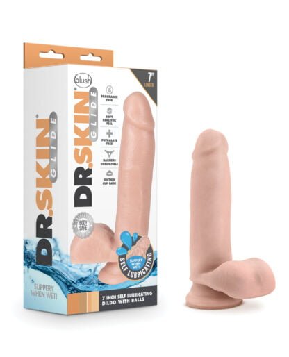 Blush Dr. Skin Glide 7" Self Lubricating Dildo w/Balls - Vanilla